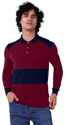 Enorsia Mens Cut & Sew Pique Polo with Long Sleeve, Colour Block Stripe, Classic Collar, Soft Touch Cotton, Unique Contrast Design (Red,L)