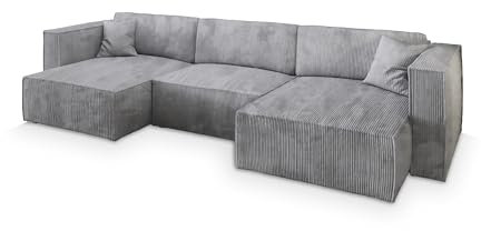 Masseno Ecksofa SARMO P mit Schlaffunktion U-Form, Sofa mit Bettkasten, Wohnzimmersofa, Couch, Soffa, Bettsofa, Couchgarnitur- Hellgrau, POSO 55