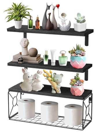 DYUEE Floating Shelf 3Pcs Wooden Wall Mounted Storage Shelves Over Toilet, Rustic shelf, Natural Wood Bathroom Organizer with 1 Wire Strorage Basket, for Home Bedroom Farmhouse Kitchen Office (Black)