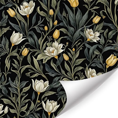 HPNIUB Black Green Floral Wallpaper, Peel and Stick Self-Adhesive Wall Stickers, Vintage Botanical Flower Wallpaper for Bathroom Bedroom Living Room Nursery Boho Home Decor(44 * 300cm)