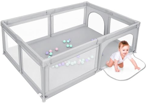 homewell XL Laufgitter Baby 205 * 147cm, Laufstall Baby mit 50 Wasserbällen, Playpen, Kinderlaufstall 2 Seitliche Eingänge mit einem Reißverschluss (Hellgrau)