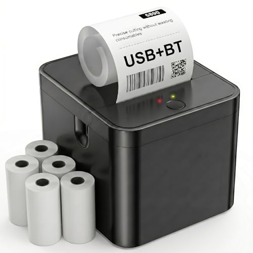 Fuhuihe 58mm Thermischer Quittungsdrucker, Tragbarer Bluetooth USB Quittungsdrucker, 5 Papierrollen, Kompatibel Mit IOS/Android/Windows, Schwarz