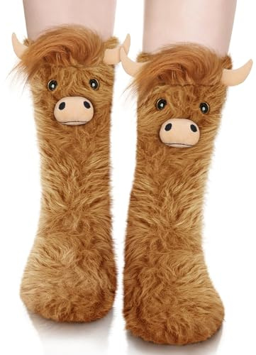 Lustige Highland Cow Kuschelsocken Damen, Hochlandrind Geschenke für Frauen | Warme 3D Highland Kuh Thermosocken für Mädchen, Dicke Flauschige Wintersocken, Adventskalender Geschenkidee zu Weihnachten