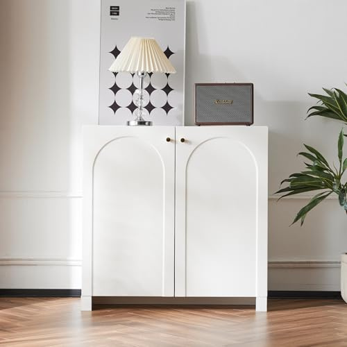 vutizal Sideboard Wohnzimmer mit Bogenmuster, Kleine Kommode 80x40x80 cm, Schrank mit 2 Türen in Creme-Weiß, Beistellschrank & Aufbewahrungsschrank für Flur & Schlafzimmer