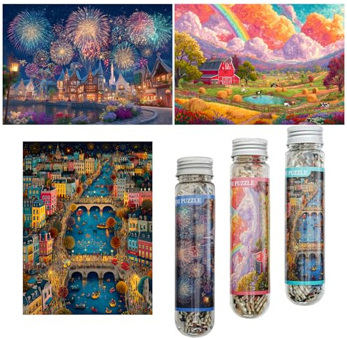 Luneko Small Jigsaw Puzzles for Adults Challenging Puzzle Small Puzzles | Mini Jigsaw Puzzles 150 Pieces Micro Tiny Puzzle Fireworks Extravaganza Farm Night Town Travel Puzzles 6 x 4 inch 3 Packs