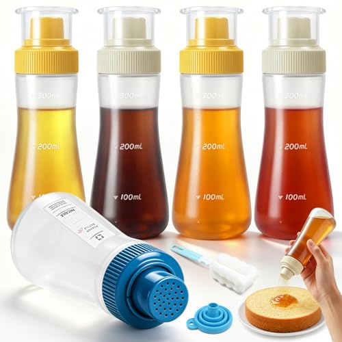 Mispudin 5 Bottiglia per Bagna Torte, 350ml Dispenser per Bagna Torte Plastica con Scala, Etichette, Pennello, Imbuto, Bottiglia per Sciroppo, Inzuppare I Dolci, Miele, Latte, Cucina, Pasticceria