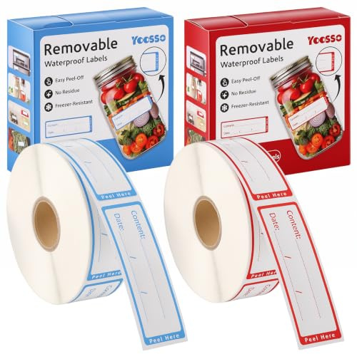 Yoosso Pcs Food Labels Roll, 1000 Removable Freezer Stickers, Red/Blue | Waterproof matte labels, 2.5 x 7.6 cm, write-on date/content lines, no-residue peel, jars containers bags