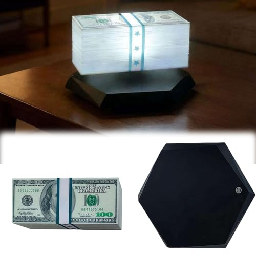Floating Money Banknote Lamp for Fans, Magnetic Levitation Dollar Lamp with 3-Color LED Ambient Light, 360° Rotating Desk Gadget for Game Room Office Man Cave Decor, Unique Gift for Gamers (Black A)