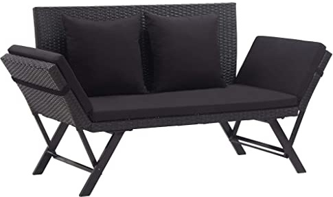 KGHFDVB Verstellbare Sonnenliege Gartenbank aus wetterfestem PE-Rattan schwarz, 176 cm, mit pulverbeschichtetem Stahlgestell, inklusive 1 Sitzpolster und 2 Kissen mit abnehmbarem Bezug