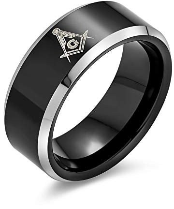 Bling Jewelry Lasergravierter Winkel & Zirkel Freimaurer Masonic Schwarzer Titanring für Herren Komfort Fit 8MM