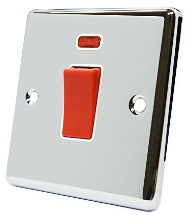 AET CPCCSWWH Polished Chrome Classical 45A White Insert 1-Gang Plate-45 Amp DP Cooker Switch w/Neon Indicator