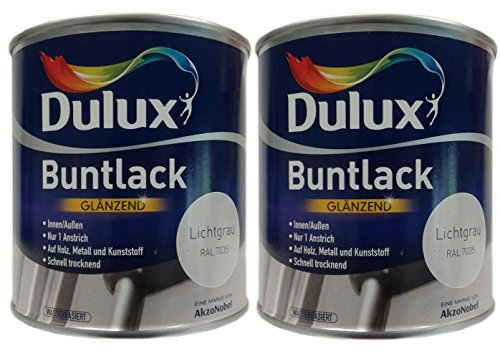 2 x 500 ml Dulux Buntlack Glänzend innen/außen 1 L Farbwahl, Farbe:Ral 7035 Lichtgrau