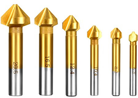 Qibaok 6 Pcs Avellanador 90°HSS Juego de 6 Brocas Avellanadoras para Metal Madera Aluminio, Ø 6,3mm ~ 20,5mm, Cubiertas de Titanio