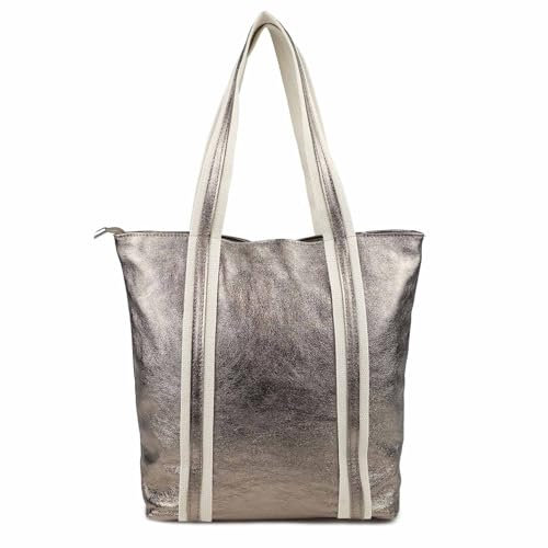 OBC Made IN Italy XXL Damen METALLIC Leder Hand-Tasche Shopper Schultertasche Umhängetasche Ledertasche Reisetasche Chapmagne