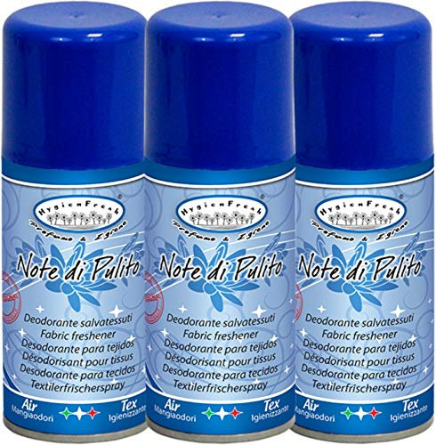HygienFresh Note di Pulito Spray Deodorante Auto Tessuti Profumatore Bucato Lavatrice Profumo Armadio Cattura Odori Ambiente Vestiti Asciugatrice 3x150ml