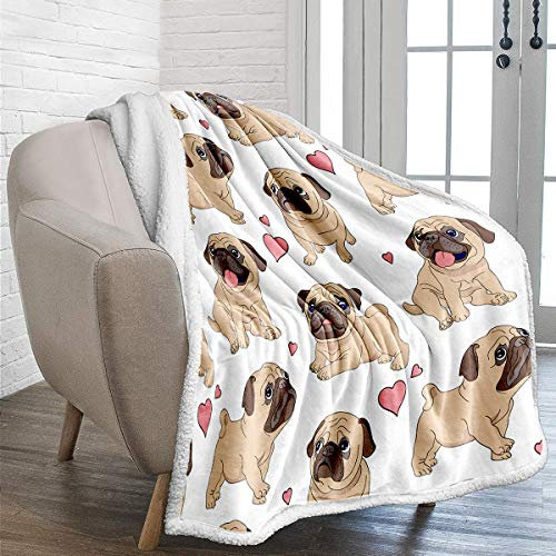 WONGS BEDDING Pug Pile Coperta Morbida accogliente reversibile Cane Animale Coperta stampata per bambini Ragazzi Adulti Coperta solida per letto e divano 150 * 200 cm