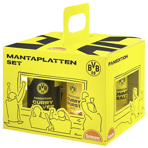 BVB x Ostmann – Manta-Platten-Set | Currywurst-Pommes für Selbermachen | Pommessalz, Currypulver, Currywurstsauce und 8 Schalen in der BVB-Fanedition | Ideal zum Verschenken