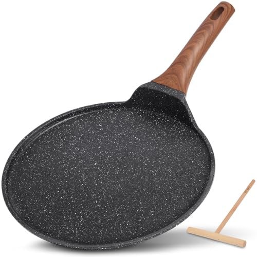 ESLITE LIFE Crepe-Pfanne mit Streuer, antihaftbeschichtet, Keramik, flache Bratpfanne, Dosa Tawa Comales Para Tortillas, Pfannkuchenpfanne, PTFE- und PFOA-frei, Schwarz, 27,9 cm