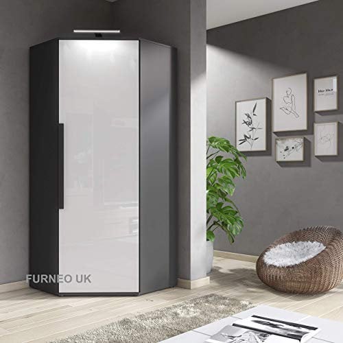 Furneo Clifton 14G – Modern White Corner Wardrobe, High Gloss Door with Matt Graphite Body, LED Light, Bedroom Storage