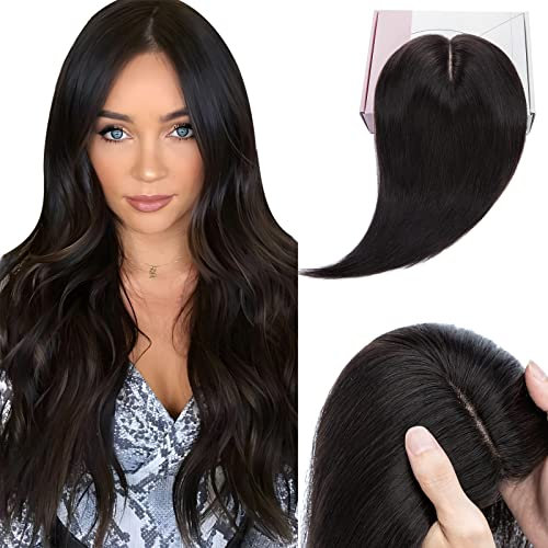 Elailite Haarteil Echthaar Topper Clip in Toupet Frauen Haartopper Extensions Seide Basis Clip in Extensions Haarverlängerung 130% Dichte Remy Silk Base Glatt 30cm 40g #1B Natürliches Schwarz