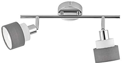 WOFI Deckenstrahler NAPLES Silber Chrom mit zwei runden Lampenschirmen aus Stoff Grau/Weiß, Spots schwenkbar E14 Fassung, H: 20 cm x B: 9 cm x L: 48 cm