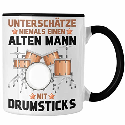 Trendation - Schlagzeug-Spieler Tasse Geschenk Männer Kinder Geschenkidee Geburtstag Weihnachten Unterschätze Niemals Einen Alten Mann (Schwarz)