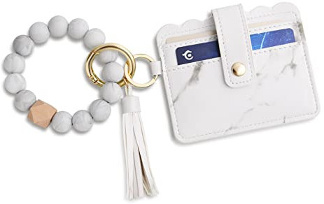 flintronic Bracelet Porte Clés en Silicone, Porte Clef Femme avec Pampilles et Perles Rondes en Silicone, Porte Clés de Voiture élastique en Silicone Perlé pour Femmes et Filles (avec porte-cartes)