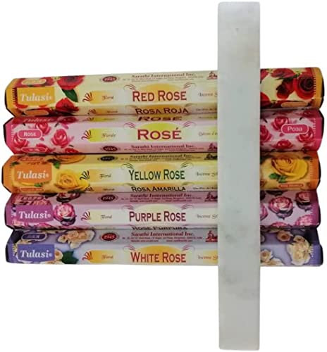 Gemischtes Räucherstäbchen Natürliche Rosen - Aromatherapie - 5x20 Stück + Räucherstäbchenhalter aus Weißem Marmor 26x3.5 cm - Robust und Elegant