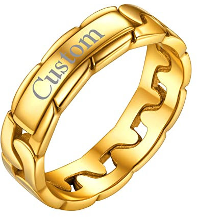 FOCALOOK 18k vergoldet personalisiert Ehering für Damen Herren 4mm breit Band Ring Panzerkette Design Trauring Verlobungsring Partnerring Modeschmuck für Hochzeit Jahrestag Größe 49 (15.6)