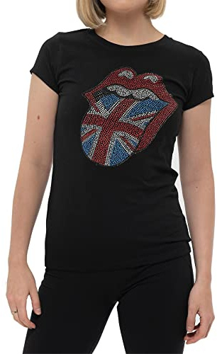 The Rolling Stones T Shirt Diamante Union Jack Official Womens Skinny Fit Black S