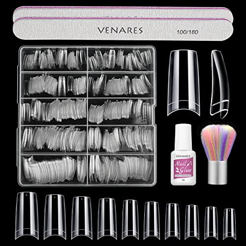 Capsules Ongles Français, Venares 500 Pieces Faux Ongles avec Colle, 10 Taille des Capsules pour les Ongles avec Colle Faux Ongles Lime à ongles Brosse à ongles, Capsule Ongle Transparente