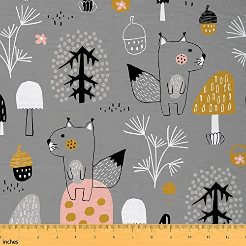 Karikatur Fuchs Stoff Meterware Niedlicher Waldtier Polsterstoff Abstrakte Zweige Tannenzapfen Dekorationsstoff Wildlife Stoff für Drinnen Draußen Wasserdichter Tupfen Stoff 92 x 150 (HxB)