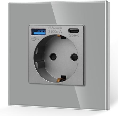 JIMEIDA Einzelsteckdose mit USB 20W Schnelles Laden Grau,16Amp Glas Schuko Steckdosen USB A und Typ C Port,Unterputz 86mm,250V,1 Fach