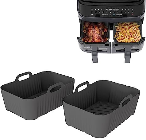 LOBUK 2 Reusable Silicone Air Fryer Liner for Ninja Dual Air Fryer, BPA Free Accessories - Rectangle-Grey