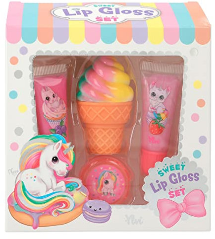 Depesche 12208 Ylvi - Lipgloss Set für Kinder im Candy-Shop Design, mit 2 Tuben, Lipgloss-Dose und Lippenpflege in Eistüten-Form
