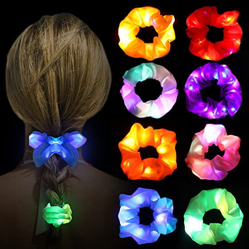 Joycabin 8 Stück Leuchtende Haargummis, LED Haarbänder mit 3 Licht Modi, Elastische Dunkeln Haargummi Scrunchie für Frauen, Mädchen Haarschmuck, Neujahr Party, Karneval, Kostümpartys