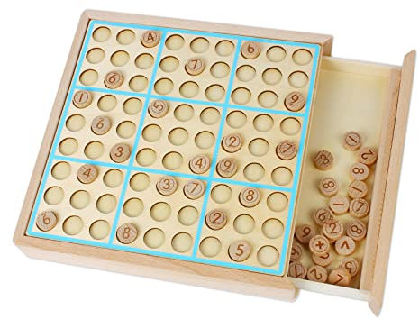 Larcele Holz Sudoku Puzzle Brettspiel mit Schublade, Runde Schachfiguren SD-11 (Blau)