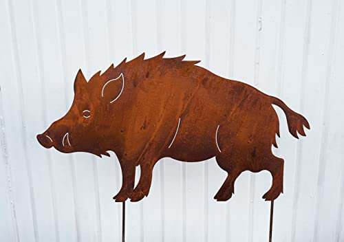 STEINFIGURENWELT GIEBEN Wildschwein stehend 90x50cm zum Stecken Gartenstecker Edelrost Gartendeko Wetterfest Rost Gartenfigur Metall Rostfigur Tier Waldtier