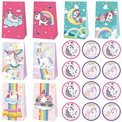 Geschenktüte 24 Stück Papiertüte +24 Aufkleber Geburtstagsdekoration Geschenktüten Kindergeburtstag, Geschenke für Mädchen, Geschenktüten Kindergeburtstag