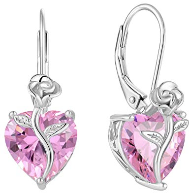 FJ Herz Ohrringe Damen Rosa Turmalin Oktober Geburtsstein 925 Sterling Silber Hängend Rose Blume Schmuck Geschenke für Frauen Mutter Freundin Mama