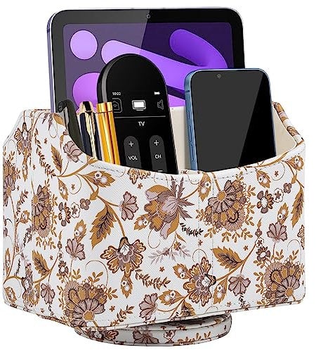 Leather Remote Control Holder 360°Rotatable,Bedside Nightstand Phone Caddy,Office Supplies Storage Box,Desk Organizer for TV Remote Controllers,CD,Pen,Mail,Media Player,Tablets (Yellow flower)