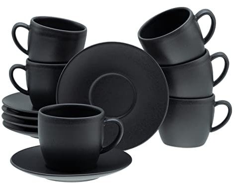 CreaTable, 33043, Serie Soft Touch Black, 12-teiliges Geschirrset für 6 Personen, Cappuccino Set aus Steinzeug, spülmaschinen- und mikrowellengeeignet, Made in Europe