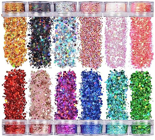 Veroa 12 Farben Make Face Body and Hair Glitter at The Festival,Chunky Glitter für Festivals, Partys, Raves,Brightly Coloured Festive Accessories(5g*12PCS)