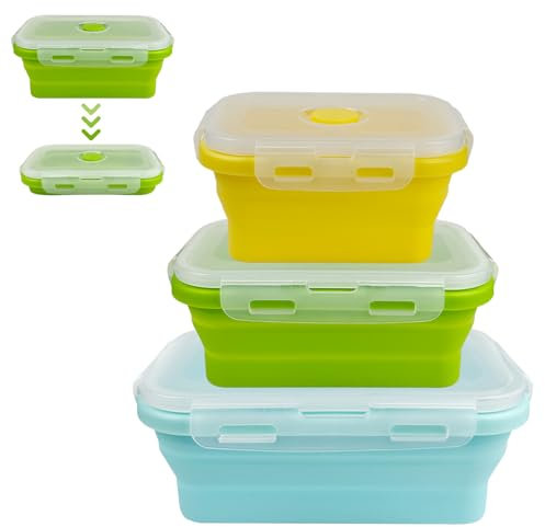 Boîte à Lunch Pliante en Silicone,3pcs Récipients Pliables en Silicone avec Couvercle, Boite Pliante Alimentaire en Silicone pour Camping,Randonnée,Voyage,Ecole