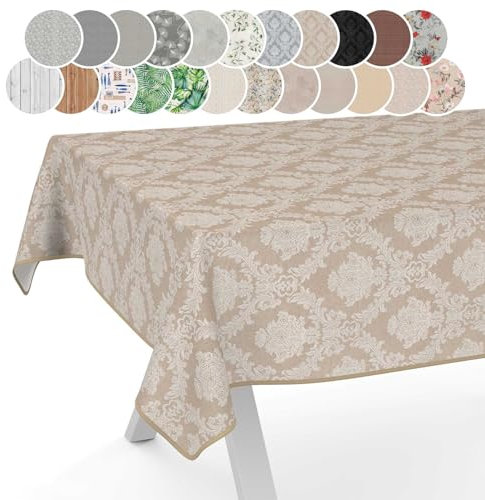 Stoff Tischdecke Textil Tischwäsche Tischtuch Baumwolle Polyester abwaschbar Uni Ornament Damast Jacquard Gewebe waschbar Barock Beige 180x120cm mit Saum (Eingefasst)