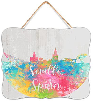 Spanien Sevilla Regal Dekor Schilder hängende Holzschilder Antike USA Straßenmalerei Staatsgebäude Wandkunst Holzschild Heimdekoration für Esszimmer Veranda 20,3 x 25,4 cm