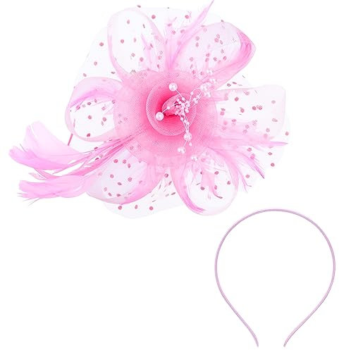 Ladie Feather Fascinator,Feder Kopfschmuck Braut Haar Zubehör Mesh Veil Kopfschmuck Braut Geschenk Hut Jockey Festival Hanf Schleier Kopfschmuck Haar Zubehör Royal Ascot Races Damen (Dunkelrosa)