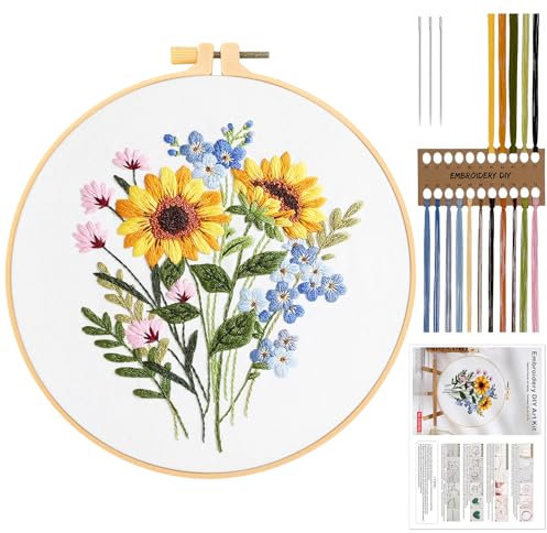 JSRQT Full Range Embroidery Starter Kit, Embroidery Kit for Beginner Adults, Stamped Design Cross Stitch Kit with Flower Pattern, DIY Art Craft Hand Sewing Embroidery Kit including Needles and Threads