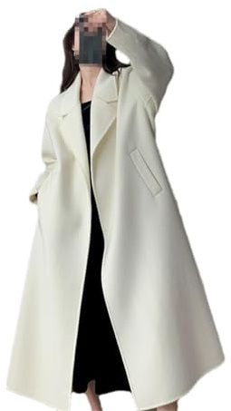 Fnfmrfmr Weißer Langer Wollmantel Für Damen, Herbst-Winter, Mittellange Reverstaschen, Wollmischungsjacken White S(80-95kg)