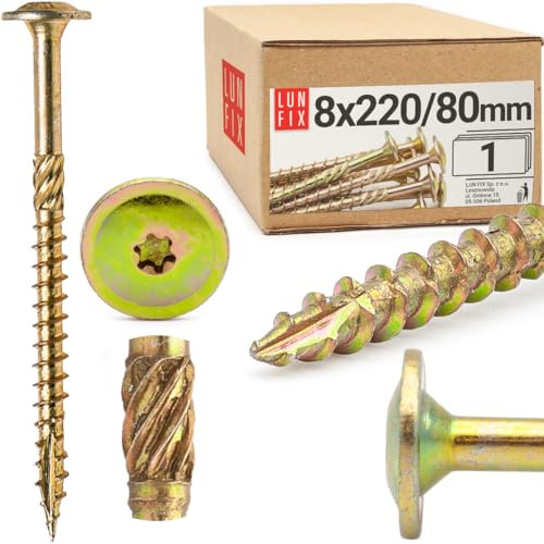 Lun Fix Tellerkopfschrauben 8x220 mm | 1 Stück | TX40 |Tellerkopf/Fräsrippen | Gelb Verzinkt | Torx Schrauben | Holzschrauben | Flachkopfschrauben Holz | Konstruktionsschrauben |